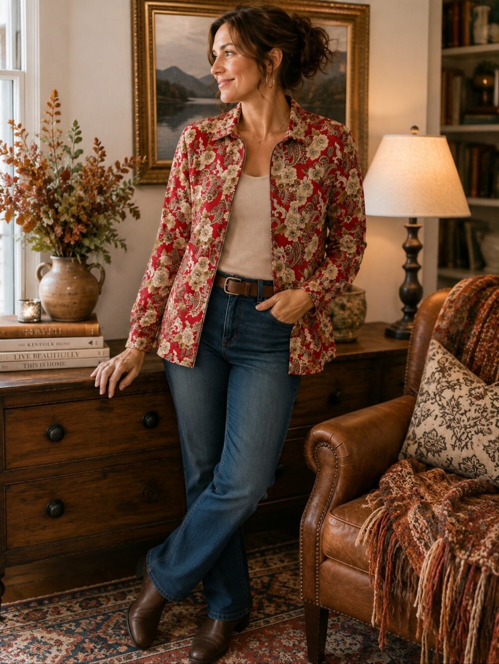 Sag Harbor Floral Paisley Velvety Zip Front Jacket Size 14 Red Boho